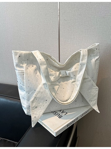 Women Star Print Canvas Tote Bag Large Capacity Bow Shoulder Bag Casual Shopping Bag For Ladies Daily Fashion Handbag
