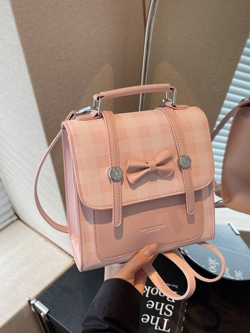 Mini Sac à Dos Femme Nœud Papillon à Carreaux en Cuir PU Sac à Main Mode Douce Petit Sac d'École Polyvalent Adolescentes