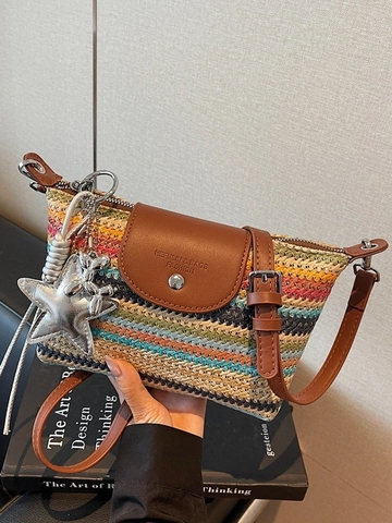 Handwoven Straw Crossbody Bag For Women Rainbow Stripe Khaki Bohemian Summer Beach Bag With Star Pendant Small Shoulder Bag