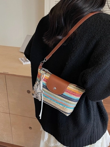 Handwoven Straw Crossbody Bag For Women Rainbow Stripe Khaki Bohemian Summer Beach Bag With Star Pendant Small Shoulder Bag