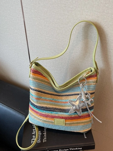 Bolso de Cubo de Paja Tejido de Rayas Multicolores Bohemia para Mujer Vacaciones Verano Playa Bolso de Bandolera Con Estrella