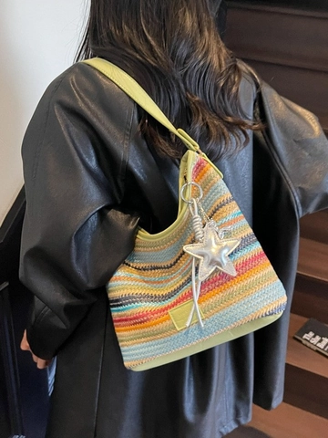 Bolso de Cubo de Paja Tejido de Rayas Multicolores Bohemia para Mujer Vacaciones Verano Playa Bolso de Bandolera Con Estrella