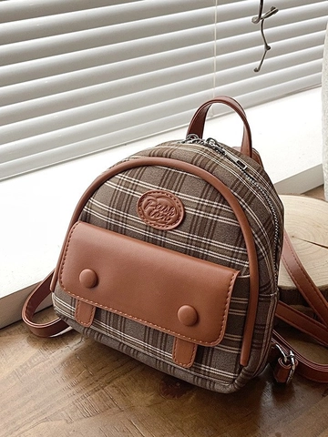 Retro Britischer Karo Mini Rucksack Für Damen Leichtgewichtig Stoff Kunstleder Spleißen Kleiner Reise Daypack Mode Schultasche