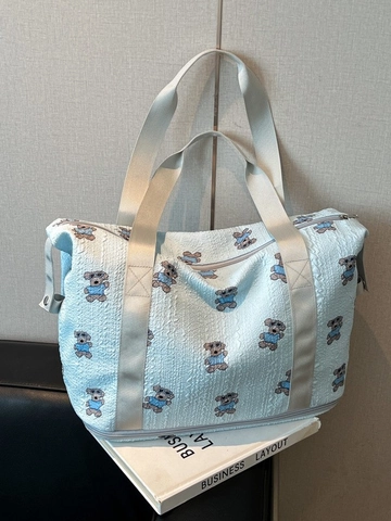 Borsa Da Viaggio Pieghevole In Nylon Di Grande Capacità Con Trama Seersucker E Motivo A Orso Cartone Animato Borsa A Tracolla Donna