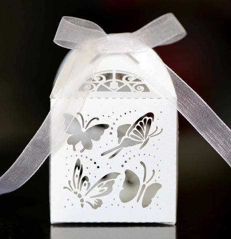 Scatola di Caramelle per Matrimonio Intaglio Laser Farfalla Carta Perlata Con Nastro di Raso per Decorazione Bomboniere