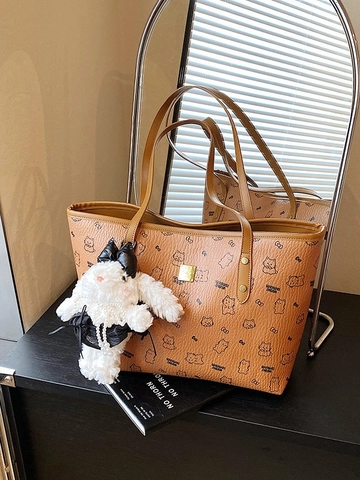 Fashion Women Large Capacity Tote Bag PU Leather Printed Cartoon Bear Shoulder Bag With Plush Rabbit Pendant Daily Shopping Bag