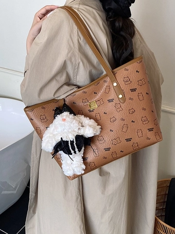Fashion Women Large Capacity Tote Bag PU Leather Printed Cartoon Bear Shoulder Bag With Plush Rabbit Pendant Daily Shopping Bag