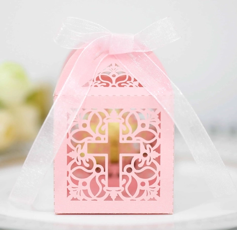 Scatola per Caramelle Croce Taglio Laser Stile Europeo Matrimonio Festa Cioccolato Confezione Regalo in Carta Con Fiocco