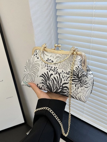 Borsa a Tracolla Vintage Stile Cinese Ricamo Floreale Tessuto Forma a Conchiglia Pochette Da Sera Con Manico In Perla