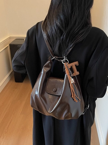 Vintage Glossy PU Leather Hobo Shoulder Bag For Women Large Capacity Tote Crossbody Bag With Tassel Pendant For Daily Work