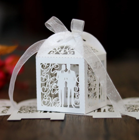 Mr & Mr Laser Cut Wedding Candy Box White Cardstock Gift Box With Ribbon Bow For LGBTQ Valentine's Day Party Favors