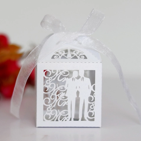 Mr & Mr Hochzeit Gastgeschenk Box Laser Geschnitten Weiß Süßigkeitenschachtel Perlmuttpapier Hohl Geschenkbox Mit Schleife Für Hochzeitsfeier