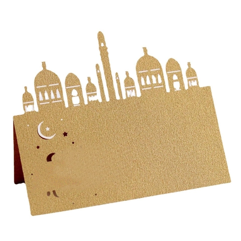 Laser Cut Mosque Ramadan Place Cards Pearlescent Paper Hollow Table Name Cards For Eid Mubarak Wedding Party Table Decoration