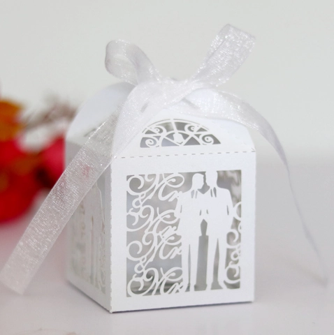 Mr & Mr Hochzeit Gastgeschenk Box Laser Geschnitten Weiß Süßigkeitenschachtel Perlmuttpapier Hohl Geschenkbox Mit Schleife Für Hochzeitsfeier