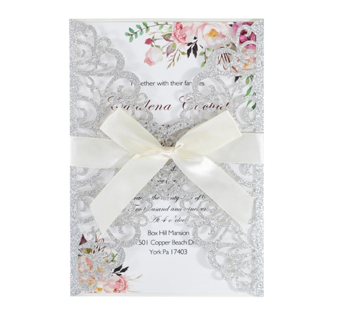 Elegante Lasergeschnittene Hochzeits Einladungskarten Glitzerpapier Herz Hohl Design Mit Schleife Floral Innenseite Brautparty Verlobungs Einladungen