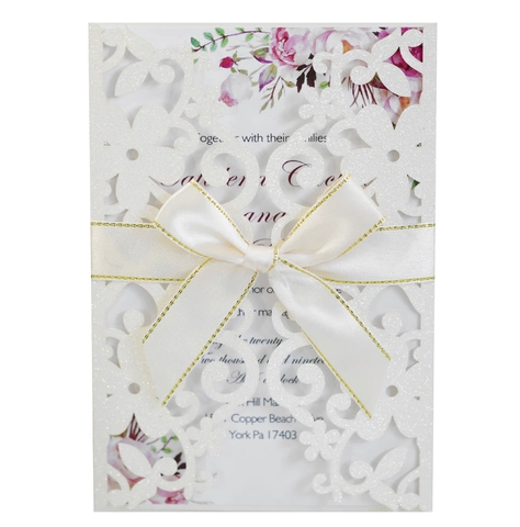 Elegante Laserschnitt Hochzeitseinladungskarten Set Mit Glitzerpapier Hohlblumen Design Und Satinband Schleife Für Zeremonie