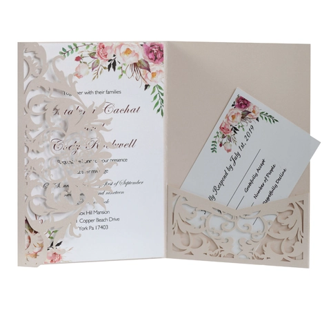 Invitations de Mariage Rose Découpées au Laser Papier Perlé Ajouré Dentelle Avec Cartes RSVP Enveloppes Pour Fête de Fiançailles