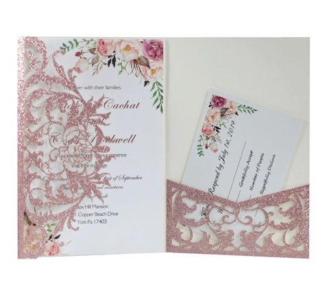 Laser Cut Rose Wedding Invitations Glitter Paper Elegant Floral Invitation Card For Bridal Shower Engagement Party Supplies