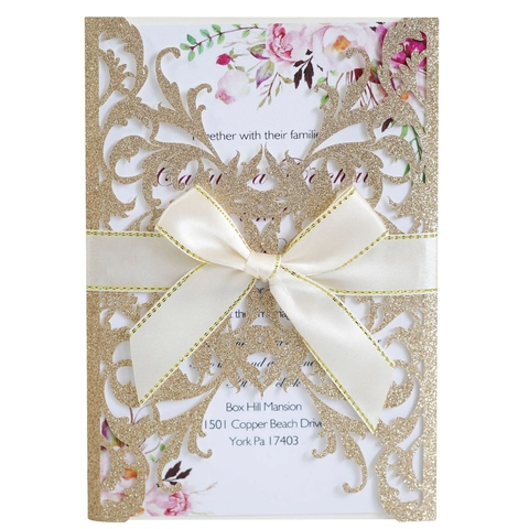 Elegant Laser Cut Glitter Rose Wedding Invitation Cards Set With Ribbon Bow Inner Sheet Envelope For Engagement Party