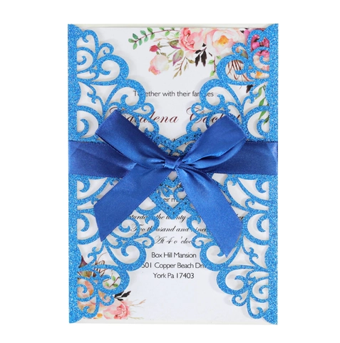 Elegante Lasergeschnittene Hochzeits Einladungskarten Glitzerpapier Herz Hohl Design Mit Schleife Floral Innenseite Brautparty Verlobungs Einladungen