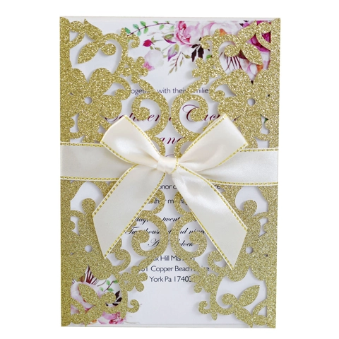 Elegante Laserschnitt Hochzeitseinladungskarten Set Mit Glitzerpapier Hohlblumen Design Und Satinband Schleife Für Zeremonie