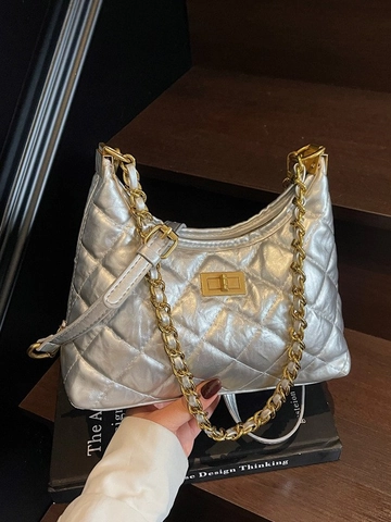 Sac Hobo Matelassé pour Femme Cuir PU Métallique Chaîne Sac à Épaule Fermoir Tournant Doré Sac sous le Bras Fourre-tout