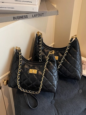 Women Quilted Hobo Bag Metallic PU Leather Chain Shoulder Bag Golden Turn Lock Underarm Commuting Tote Bags Crossbody Bag