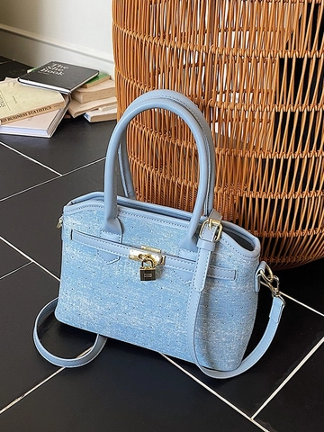 Vintage Denim Bucket Bag Rhinestone Studded Top Handle Gold Lock Shoulder Crossbody Bag Minimalist Versatile Handbag Women