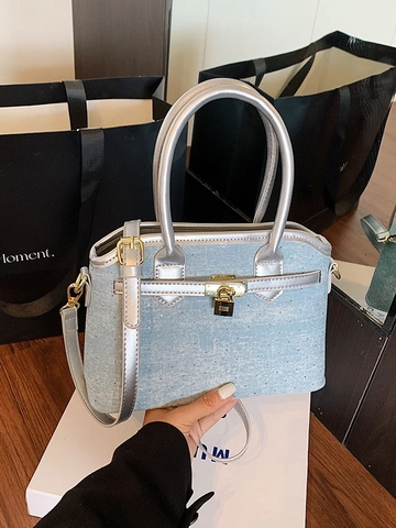 Vintage Denim Bucket Bag Rhinestone Studded Top Handle Gold Lock Shoulder Crossbody Bag Minimalist Versatile Handbag Women
