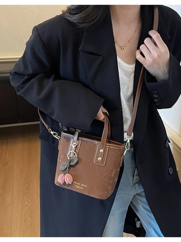 Women Fashion PU Leather Bucket Bag Mini Marble Pattern Crossbody Bag With Cherry Pendant Adjustable Strap Handbag