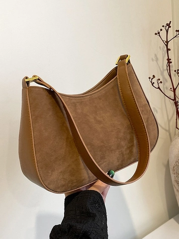 Minimalist Suede PU Leather Underarm Bag For Women Vintage Hobo Shoulder Bag With Adjustable Strap Solid Color Handbag