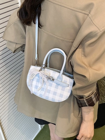 Borsa a Secchiello Gingham alla Moda da Donna in Pelle PU a Griglia Con Decorazione Fiocco in Pizzo Perle Artificiali