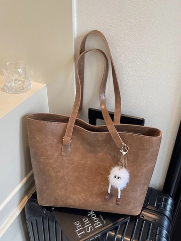 Women Vintage PU Leather Tote Bag Large Capacity Minimalist Shoulder Bag With Plush Monster Pendant Fashion Commuter Handbag