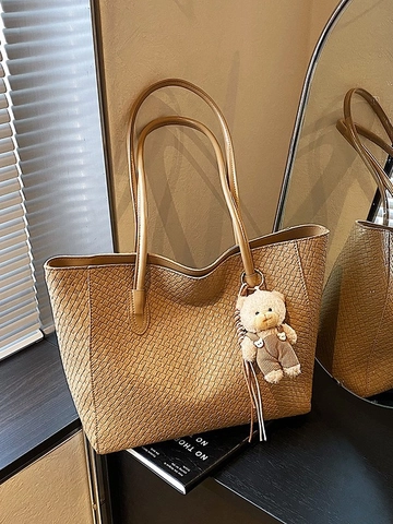 Women Woven PU Leather Large Capacity Tote Bag Fashion Simple Commuter Shoulder Bag With Plush Bear Charm Solid Color