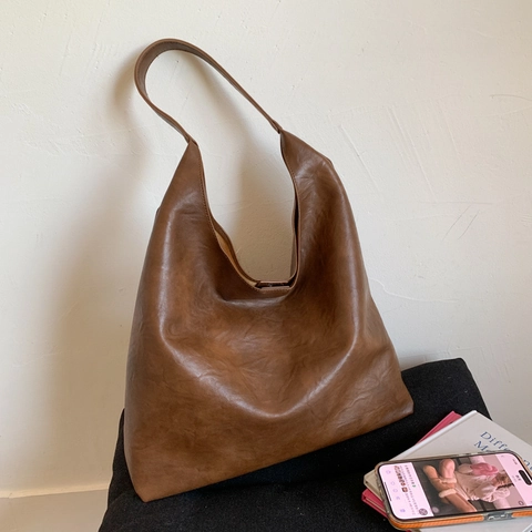 Amerikaanse Vintage PU Lederen Tote Bag Voor Vrouwen Grote Capaciteit Minimalistisch Effen Kleur Retro Hobo Schoudertas Commuter Handbag