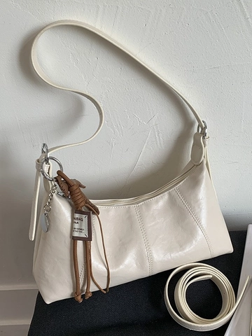 Vintage PU Leather Shoulder Bag For Women Large Capacity Hobo Bag With Tassel Pendant Stitching Detail Solid Color Underarm Bag
