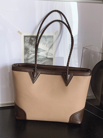Große Kapazität PU Leder Einkaufstasche Für Damen Mode Kontrastfarbe Lychee Muster Pendler Schultertasche Mit Gewebtem Griff