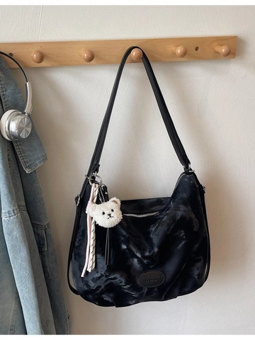 Women Large Capacity PU Hobo Bag With Plush Bear Pendant Versatile Soft Shoulder Tote Bag For Daily Commute Fashion Crossbody Handbag