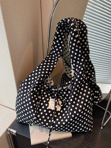 Women Polka Dot Large Capacity Shoulder Bag Casual Cloth Tote Bag With Bow Tie Decoration Fashion Daily Commute Handbag