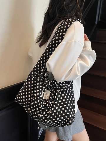 Women Polka Dot Large Capacity Shoulder Bag Casual Cloth Tote Bag With Bow Tie Decoration Fashion Daily Commute Handbag