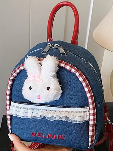 Mini Mochila de Mezclilla Dulce para Mujer Lindo Conejo de Peluche Color de Contraste Encaje Mochila Pequeña Moda Escuela