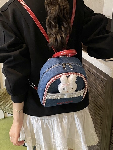 Mini Mochila de Mezclilla Dulce para Mujer Lindo Conejo de Peluche Color de Contraste Encaje Mochila Pequeña Moda Escuela
