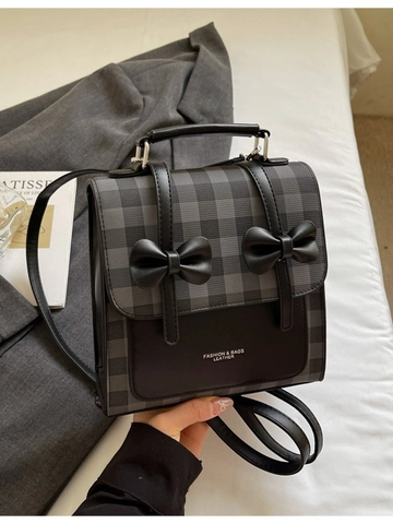 Women Preppy Style Checkered PU Leather Backpack With Bow Decoration Multi-Way Small Shoulder Handbag Crossbody Bag For Commute