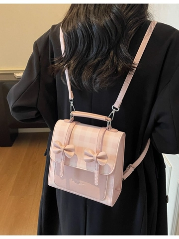 Women Preppy Style Checkered PU Leather Backpack With Bow Decoration Multi-Way Small Shoulder Handbag Crossbody Bag For Commute