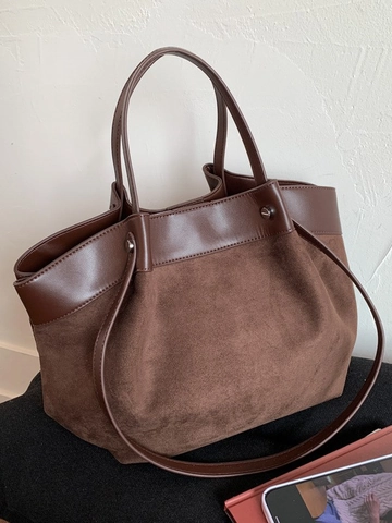 Bolso Tote de Mujer Gran Capacidad de Cuero PU Gamuza Costuras Moda Color en Contraste Bolso de Hombro para Diario