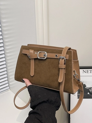 Retro Suede Small Square Bag For Women Minimalist Matte Crossbody Bag With Belt Buckle Solid Color Shoulder Bag Daily Accessories