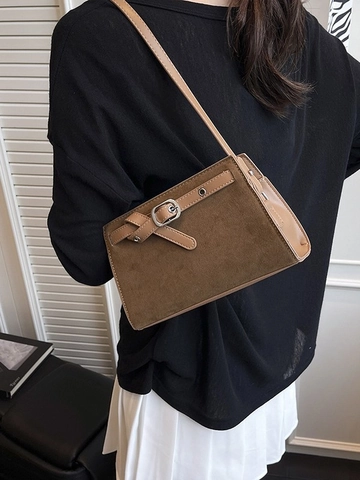Retro Suede Small Square Bag For Women Minimalist Matte Crossbody Bag With Belt Buckle Solid Color Shoulder Bag Daily Accessories
