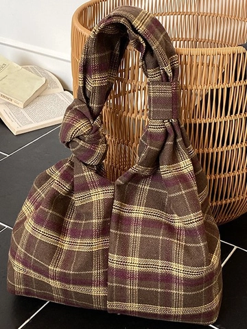 Vintage Plaid Tote Bag For Women Large Capacity Checkered Shoulder Bag Knot Handle British Style Casual Underarm Handbag