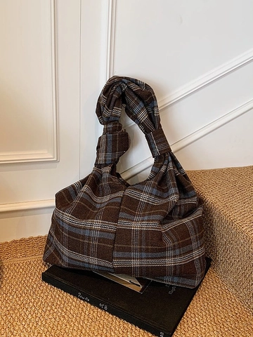 Vintage Plaid Tote Bag For Women Large Capacity Checkered Shoulder Bag Knot Handle British Style Casual Underarm Handbag