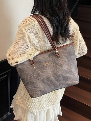 Women High-End Large Capacity Tote Bag Vintage PU Leather Shoulder Bag Fashion Commuter Shopping Handbag With Metal Logo